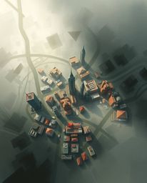 A captivating abstract city map rendered in geometric shapes, offering a dramatic top-down perspective.  The digital sketch f