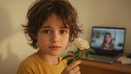 In a warmly lit, cinematic photograph, a bright-eyed homeschooled genius, about 10-12 years old with messy curly hair and fre