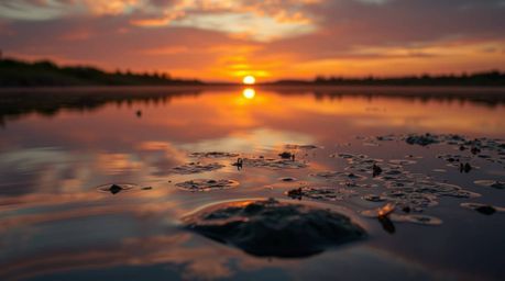 A captivating image depicting the reflection of a vibrant sunset in a tranquil pond.  Rendered in natural earth tones with gl