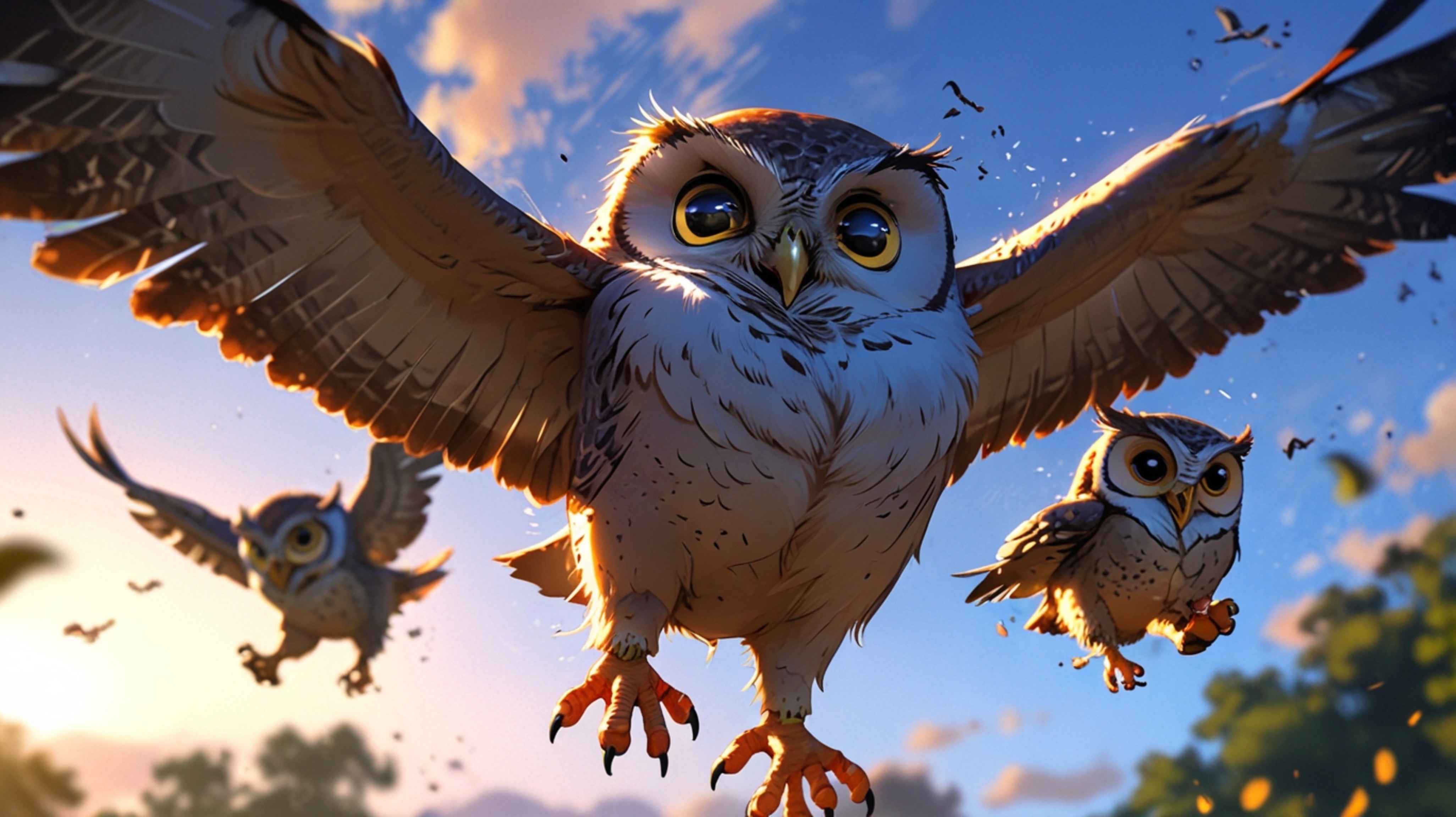 A heartwarming and gentle scene, beautifully rendered in a blend of Pixar and anime styles. A wise blind owl mentor is seen f