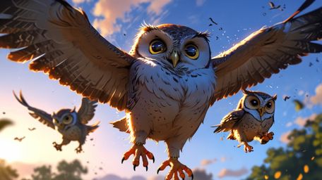 A heartwarming and gentle scene, beautifully rendered in a blend of Pixar and anime styles. A wise blind owl mentor is seen f