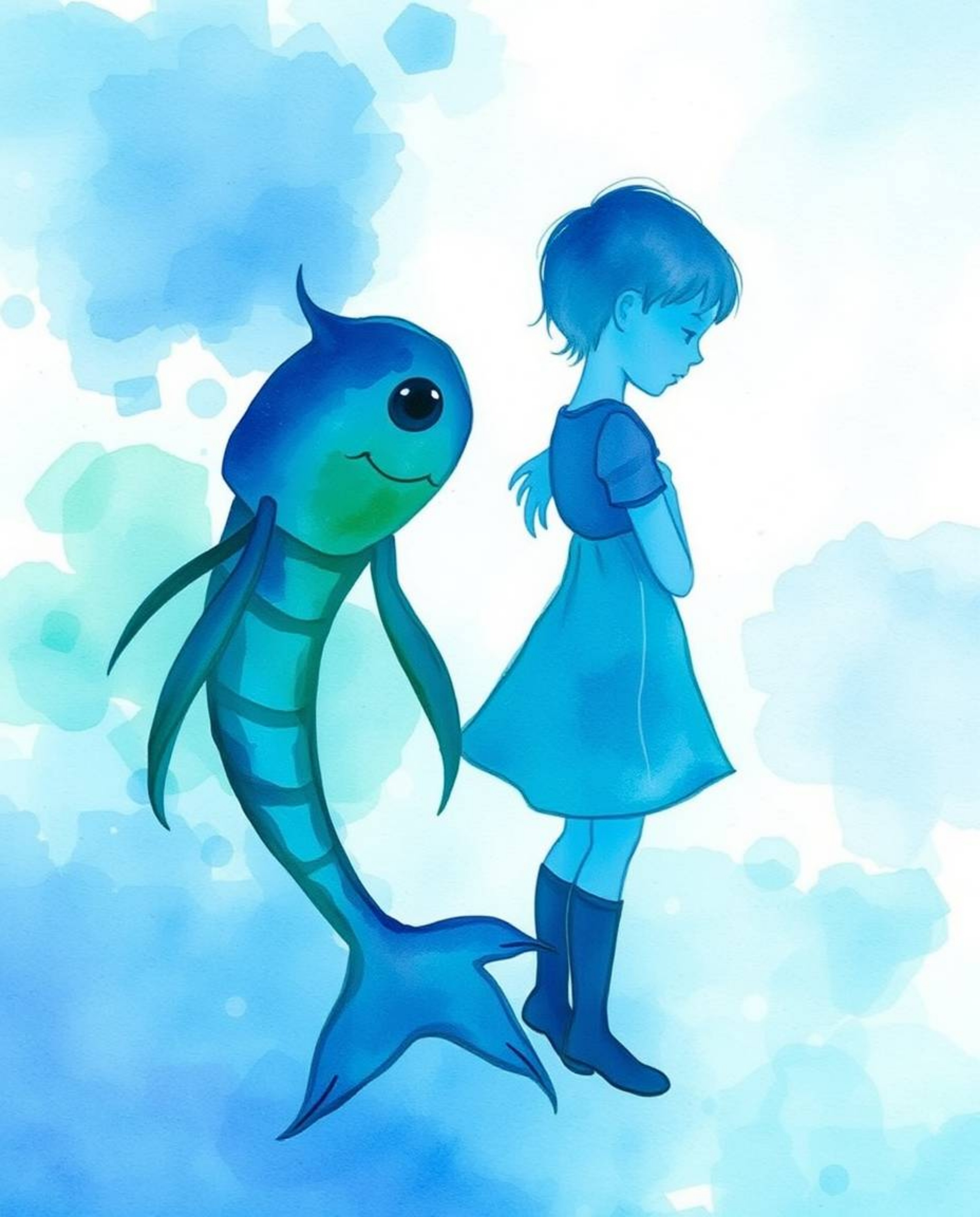 A captivating watercolor painting depicts a delicate scene of a sea creature and a child, silhouetted against a light source.