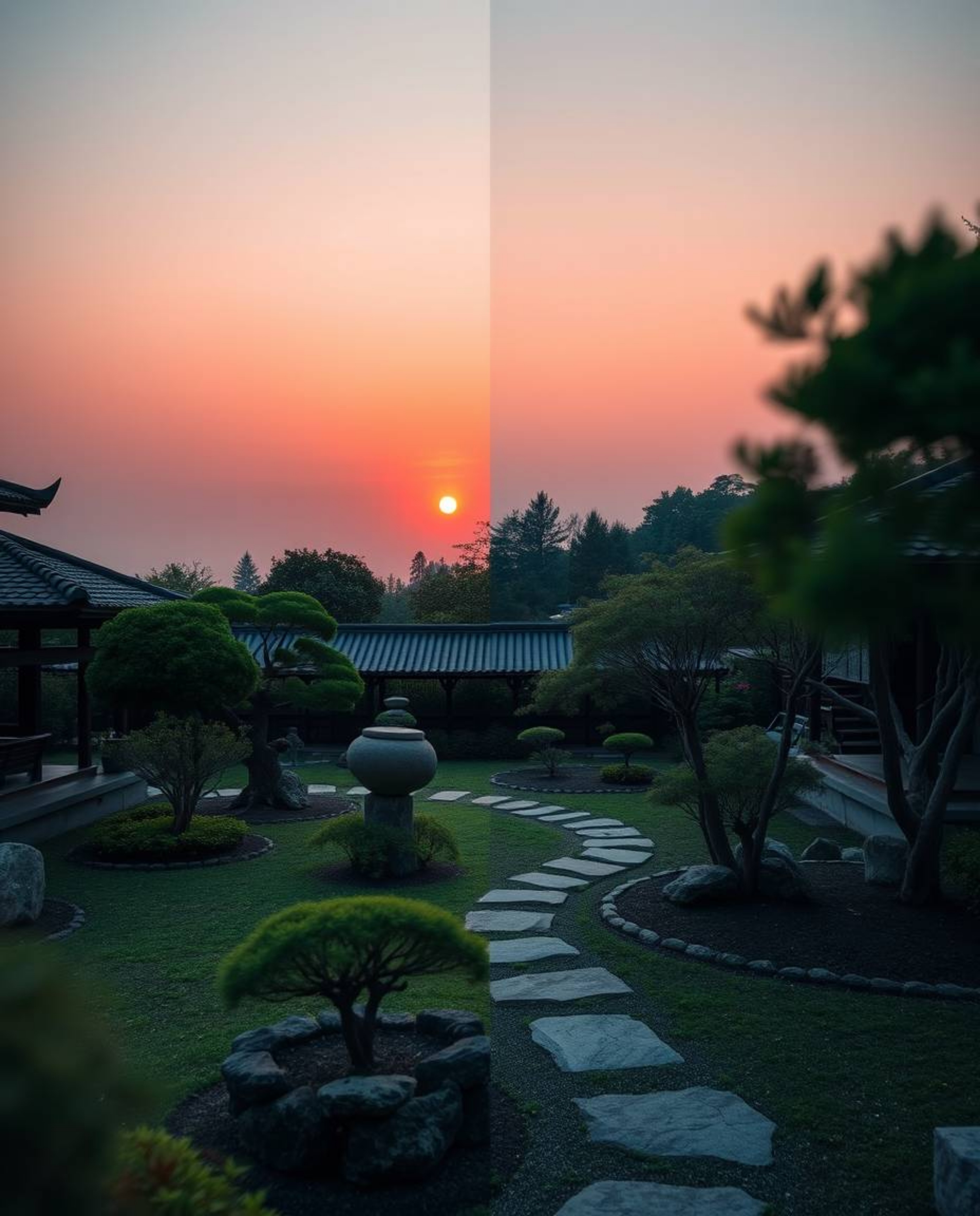 Discover a serene Zen garden at sunset through the lens of long exposure photography. This unique composition features distin