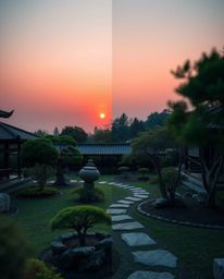 Discover a serene Zen garden at sunset through the lens of long exposure photography. This unique composition features distin