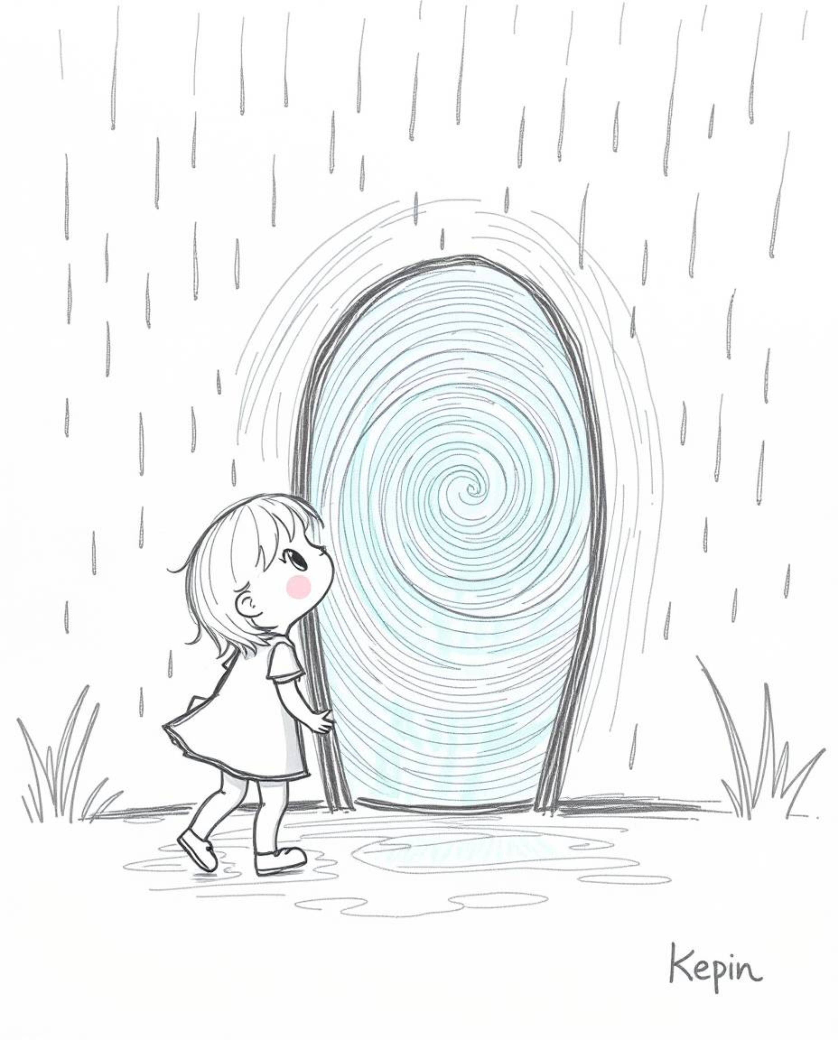 A captivating hand-drawn sketch depicts a child with rosy cheeks, discovering a swirling, iridescent portal in their rain-soa
