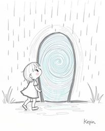 A captivating hand-drawn sketch depicts a child with rosy cheeks, discovering a swirling, iridescent portal in their rain-soa