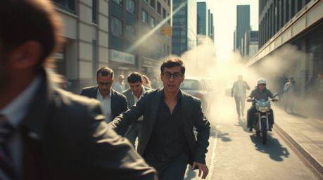 A dynamic street photography piece capturing a fast-paced chase scene in an urban landscape, utilizing exaggerated squash and