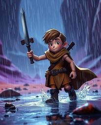 Embark on a thrilling Disney-style desert adventure with a brave hero. This high-contrast scene is set in a wet and rainy env