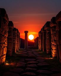 A high-resolution, professional-quality stock photo capturing an epic and grand scene of ancient stone ruins at sunset. This 
