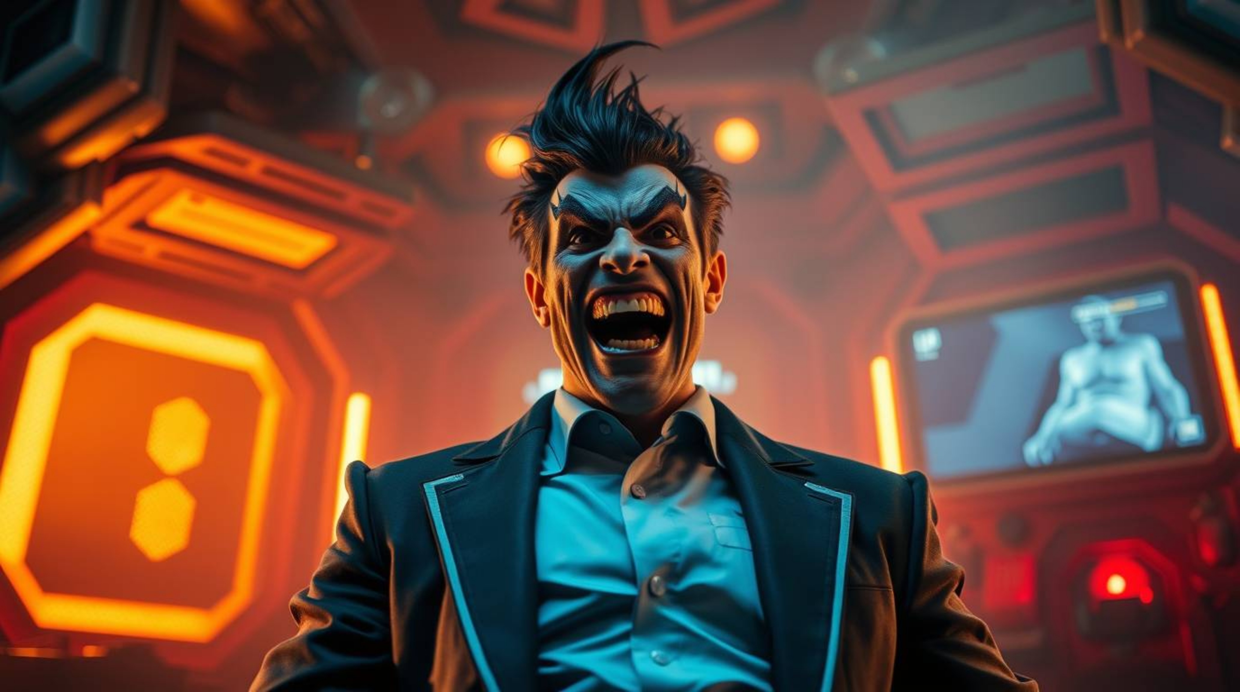 Download a high-resolution stock photo showcasing a villain in a funny breakdown within their high-tech lair. The image featu