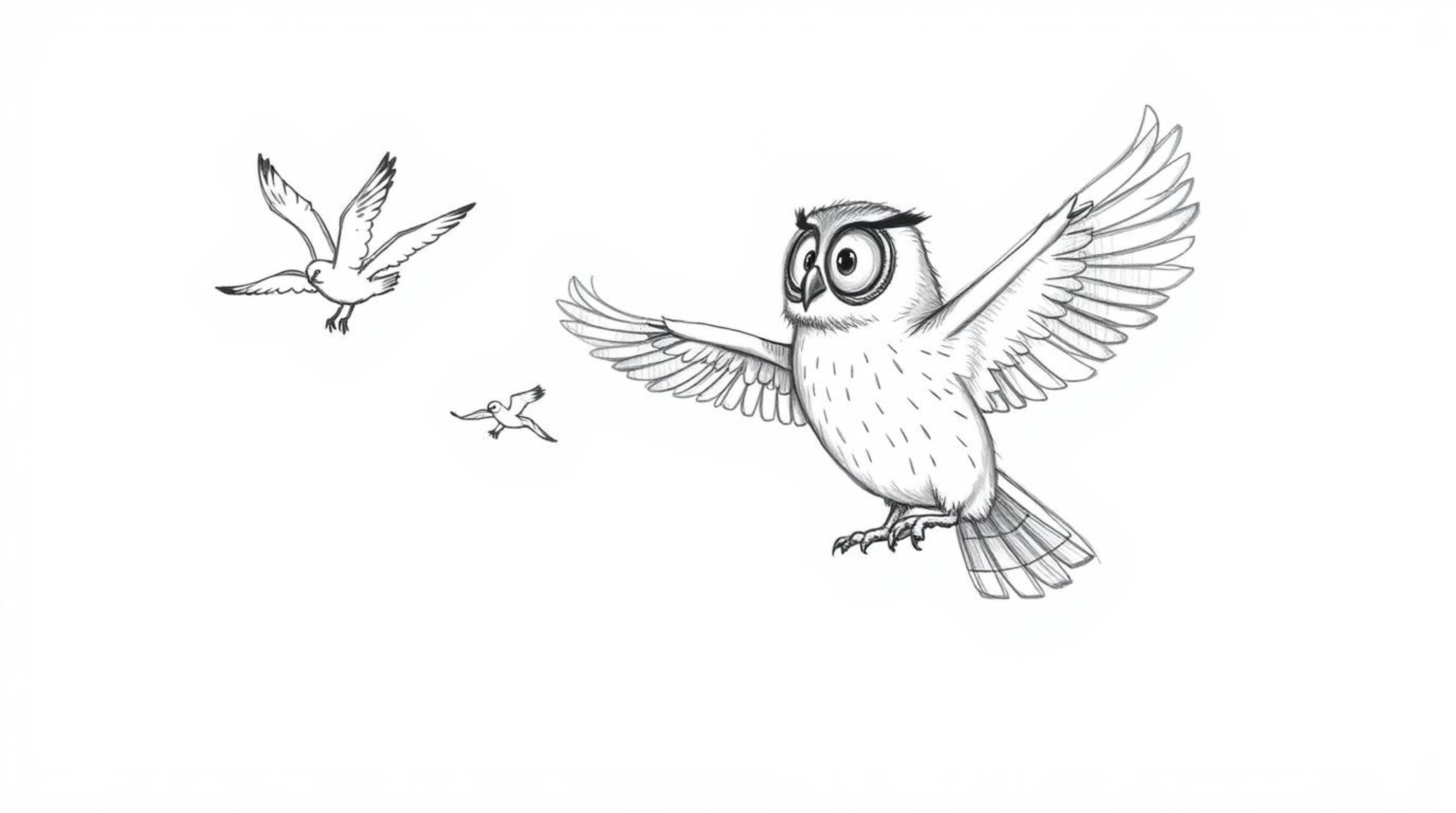 This hand-drawn, Pixar-esque sketch depicts a blind owl passionately instructing birds in flight. Relying on smell, sound, an