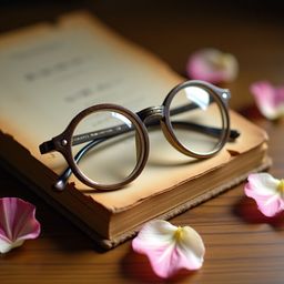 A nostalgic composition featuring a pair of vintage, round-framed spectacles with thick, transparent lenses and ornate metal