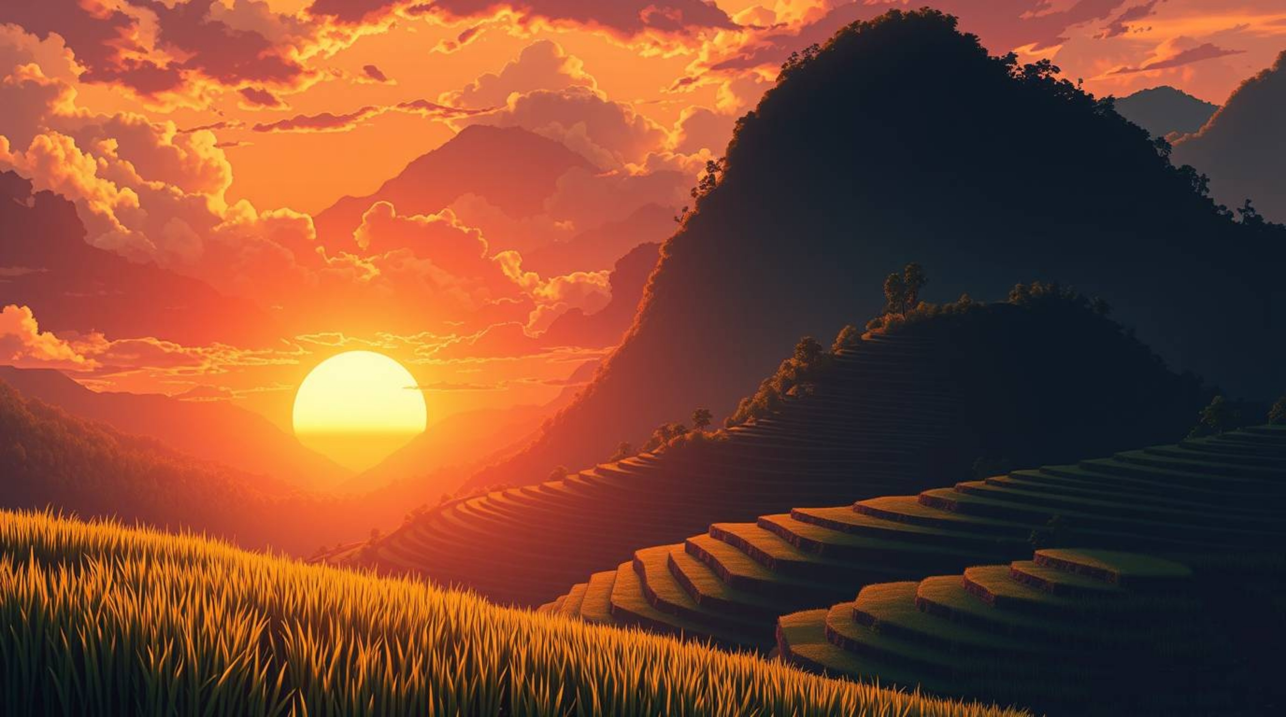 Immerse yourself in a stunning isekai anime style illustration bathed in the warm glow of the golden hour. This vibrant scene