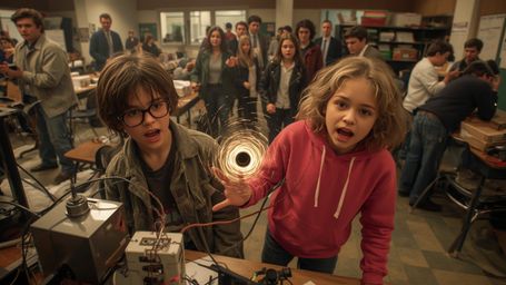 In a cinematic, high-drama photograph with a subtle, Pixar-inspired stylization, a science fair duo unintentionally creates a