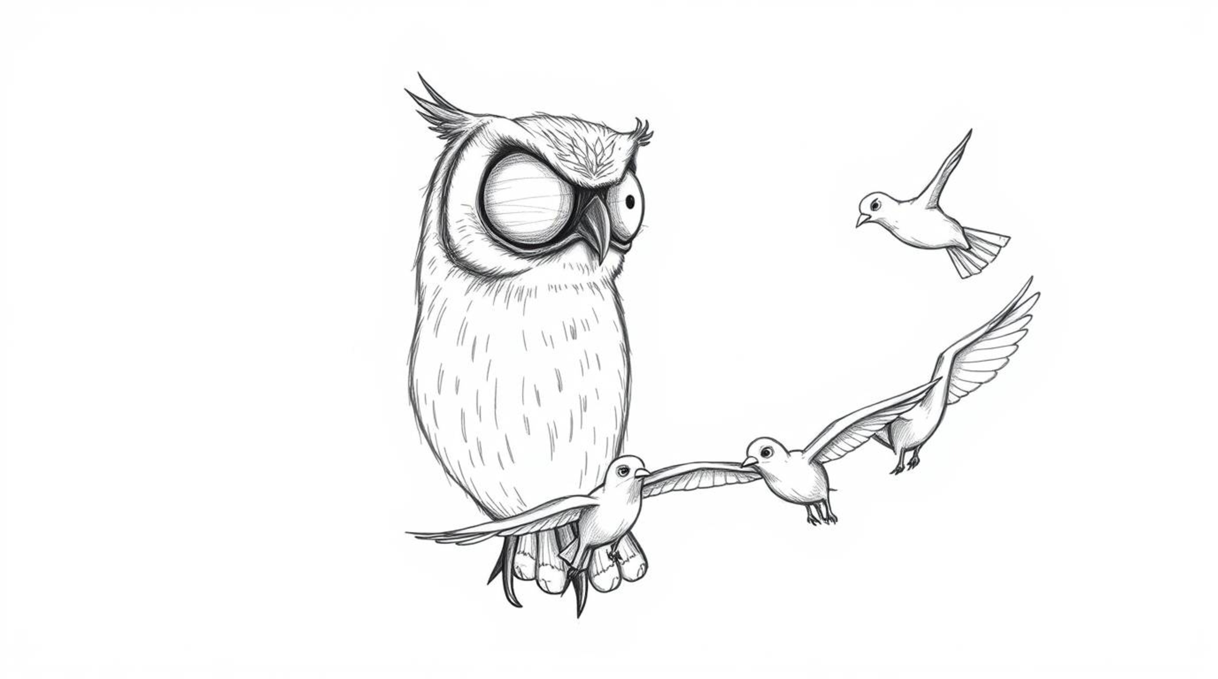 A heartwarming sketch depicts a blind owl, rendered in the style of Pixar, teaching a flock of birds the art of harmonious fl