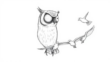 A heartwarming sketch depicts a blind owl, rendered in the style of Pixar, teaching a flock of birds the art of harmonious fl