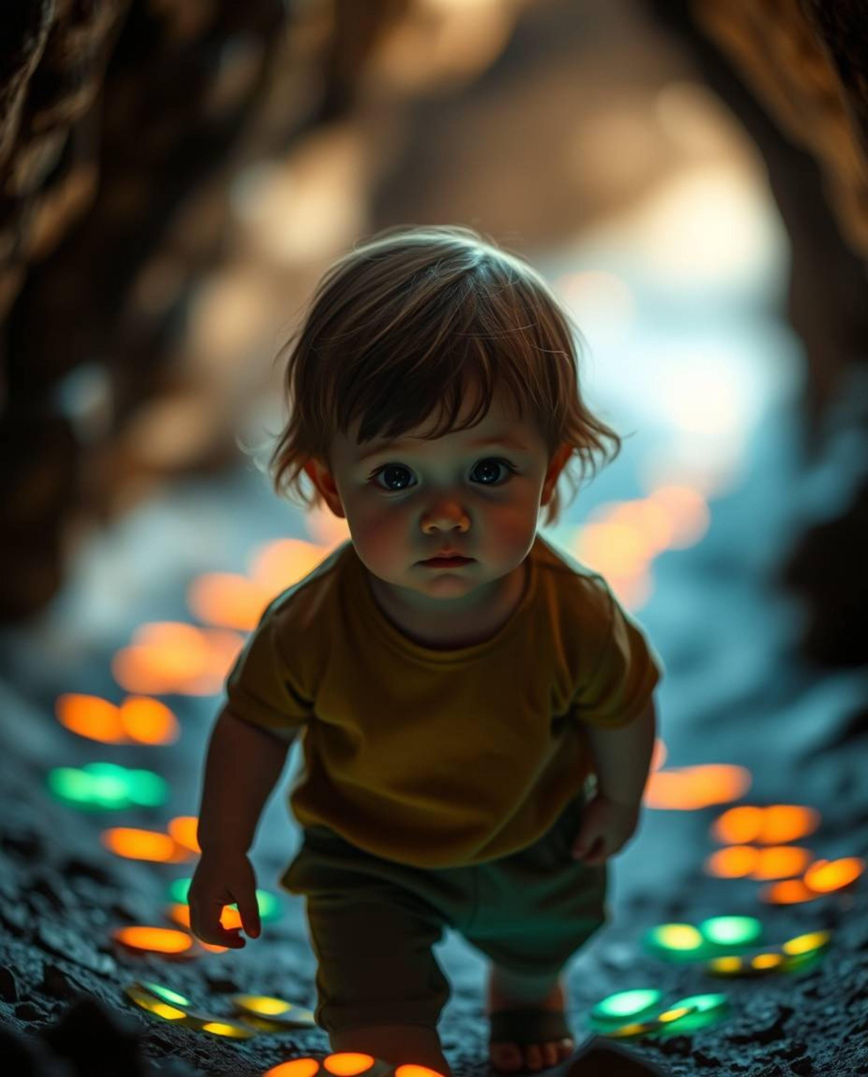 A high-resolution stock photo captures a child with fair skin and brown hair venturing into a dark cave, guided by glowing te