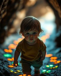 A high-resolution stock photo captures a child with fair skin and brown hair venturing into a dark cave, guided by glowing te
