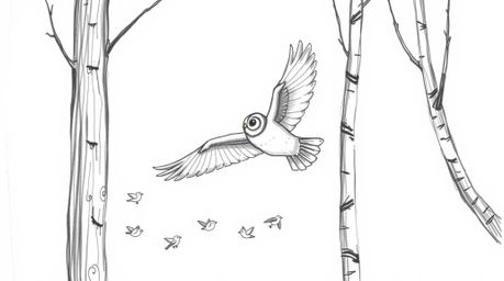 A heartwarming hand-drawn sketch reminiscent of Pixar, depicting a blind owl gracefully gliding between trees, leading a floc