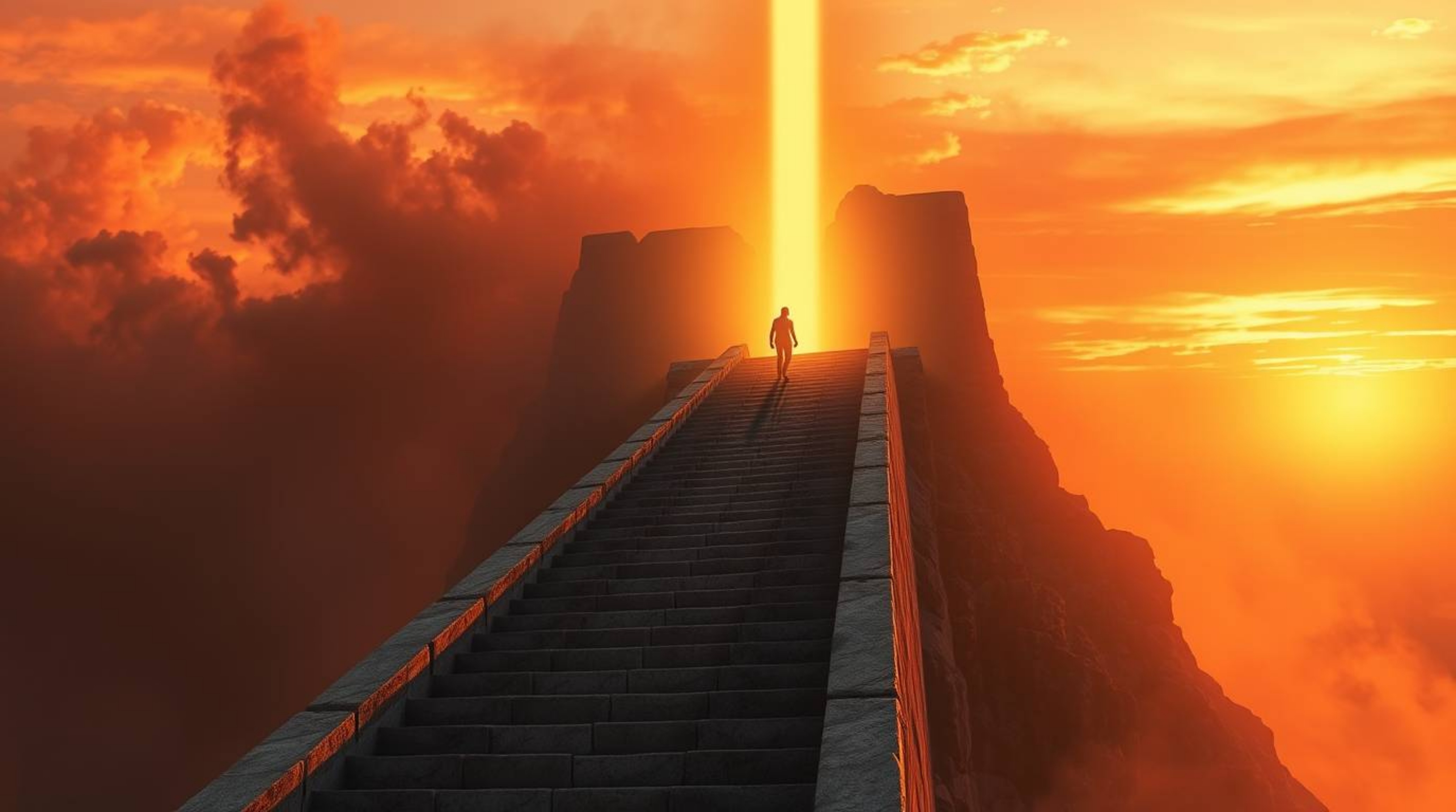 A lone figure ascends a weathered stone staircase bathed in the warm glow of golden hour. They are drawn toward a divine beam