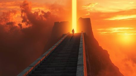 A lone figure ascends a weathered stone staircase bathed in the warm glow of golden hour. They are drawn toward a divine beam
