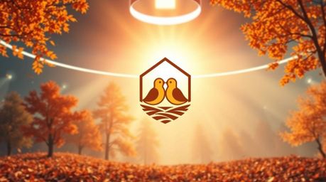 A captivating image showcases two cartoon birds constructing a nest within a grand, futuristic setting bathed in warm autumn