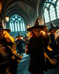 Explore a captivating magical school brimming with young wizards, portrayed through striking high contrast and low key lighti