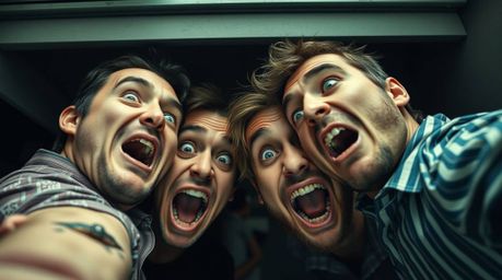 This image captures a strong, moody style gross-out comedy moment from a high angle perspective.  The scene features exaggera