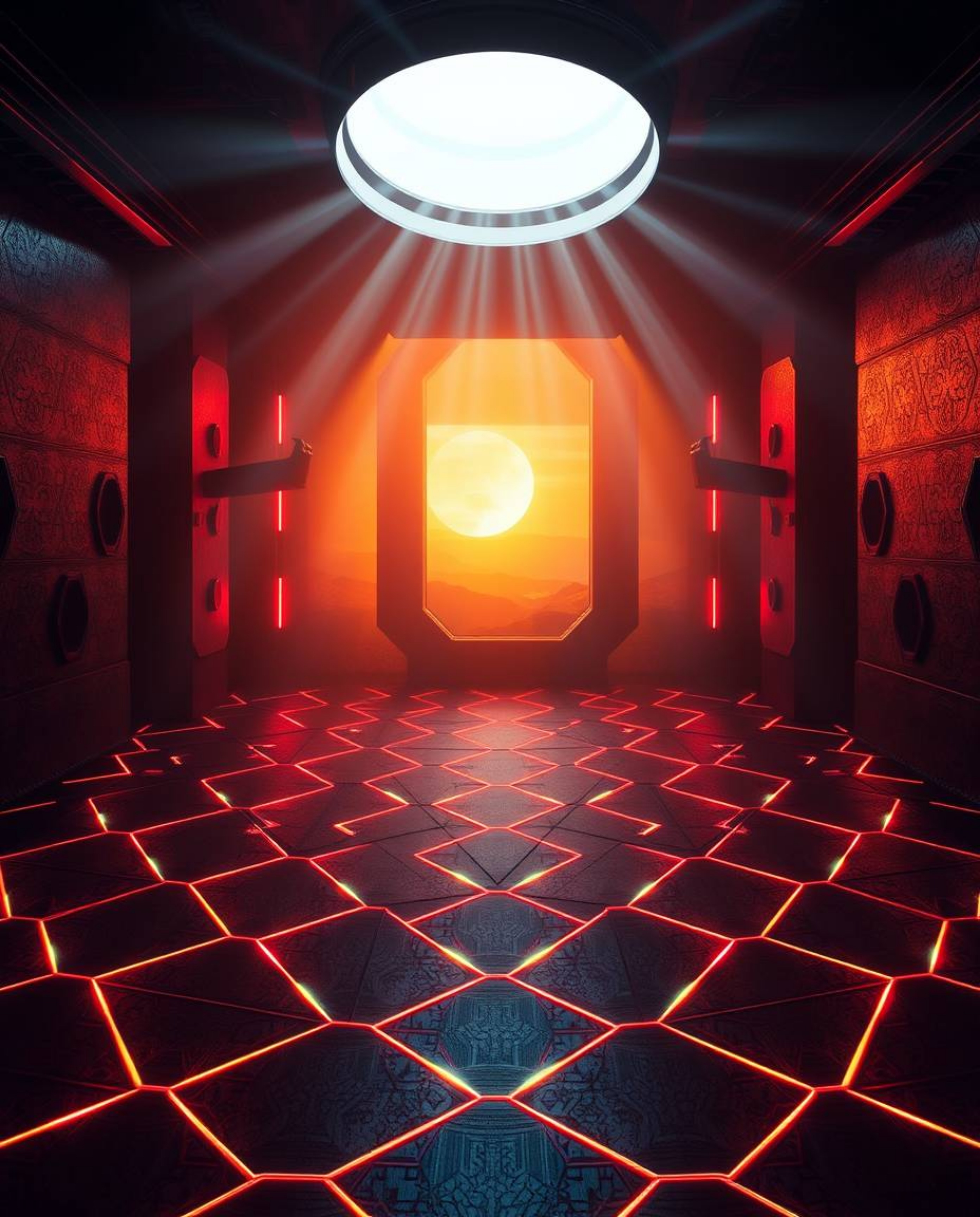 An epic, modern scene bathed in intense jet-black lighting and a dramatic lens flare.  A seamless geometric pattern of hexago