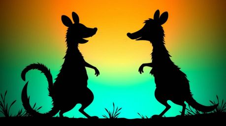 A silhouetted duo of talking animals are up to no good, bathed in a warm terracotta and cool teal color palette creating a st