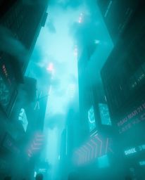 Experience a dramatic low-angle view of a futuristic city enveloped in thick teal fog.  Flickering lights and fragmented holo