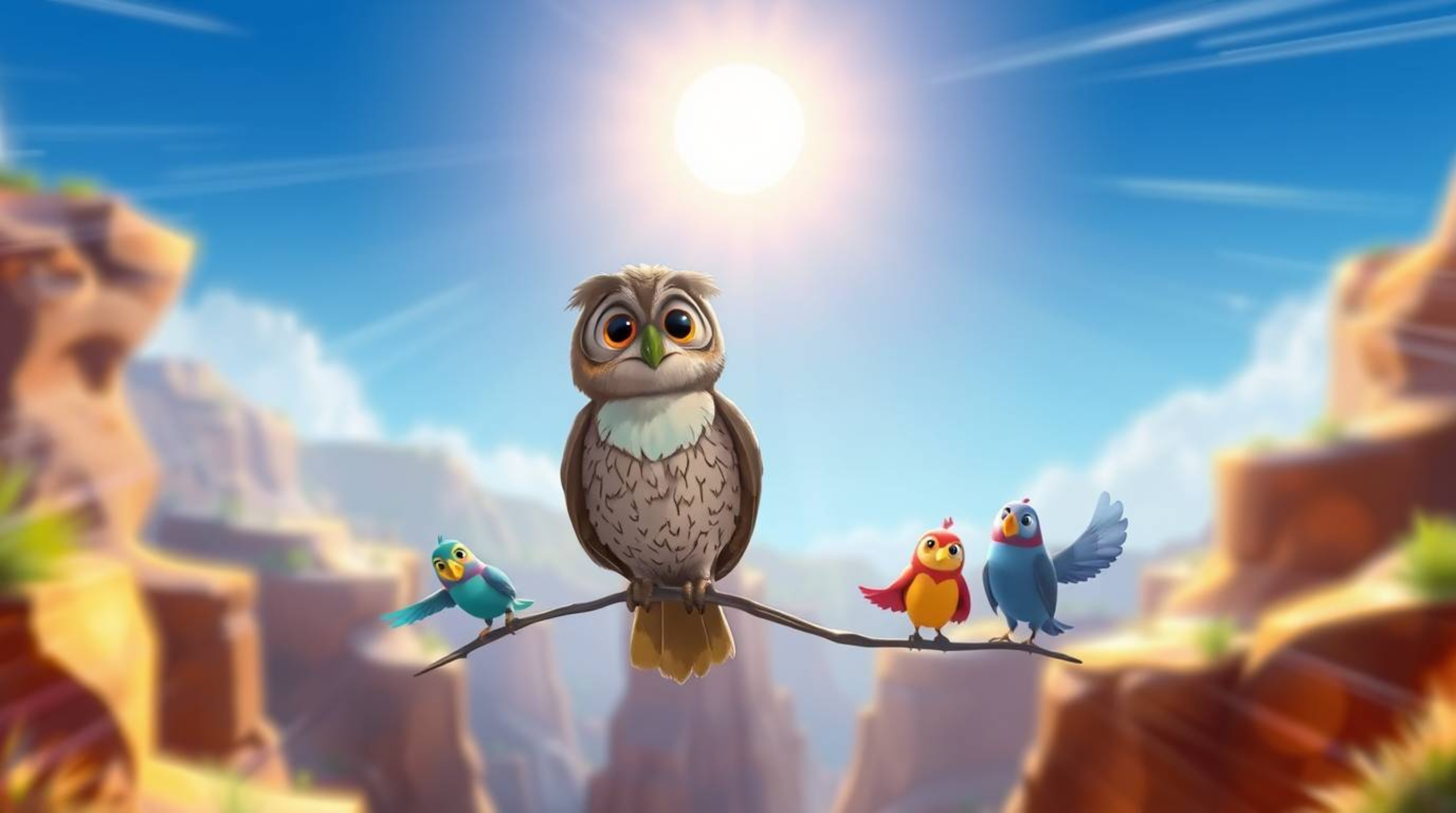 This captivating Pixar-style illustration features a blind owl, its feathers suggesting wisdom, as it guides colorful birds t
