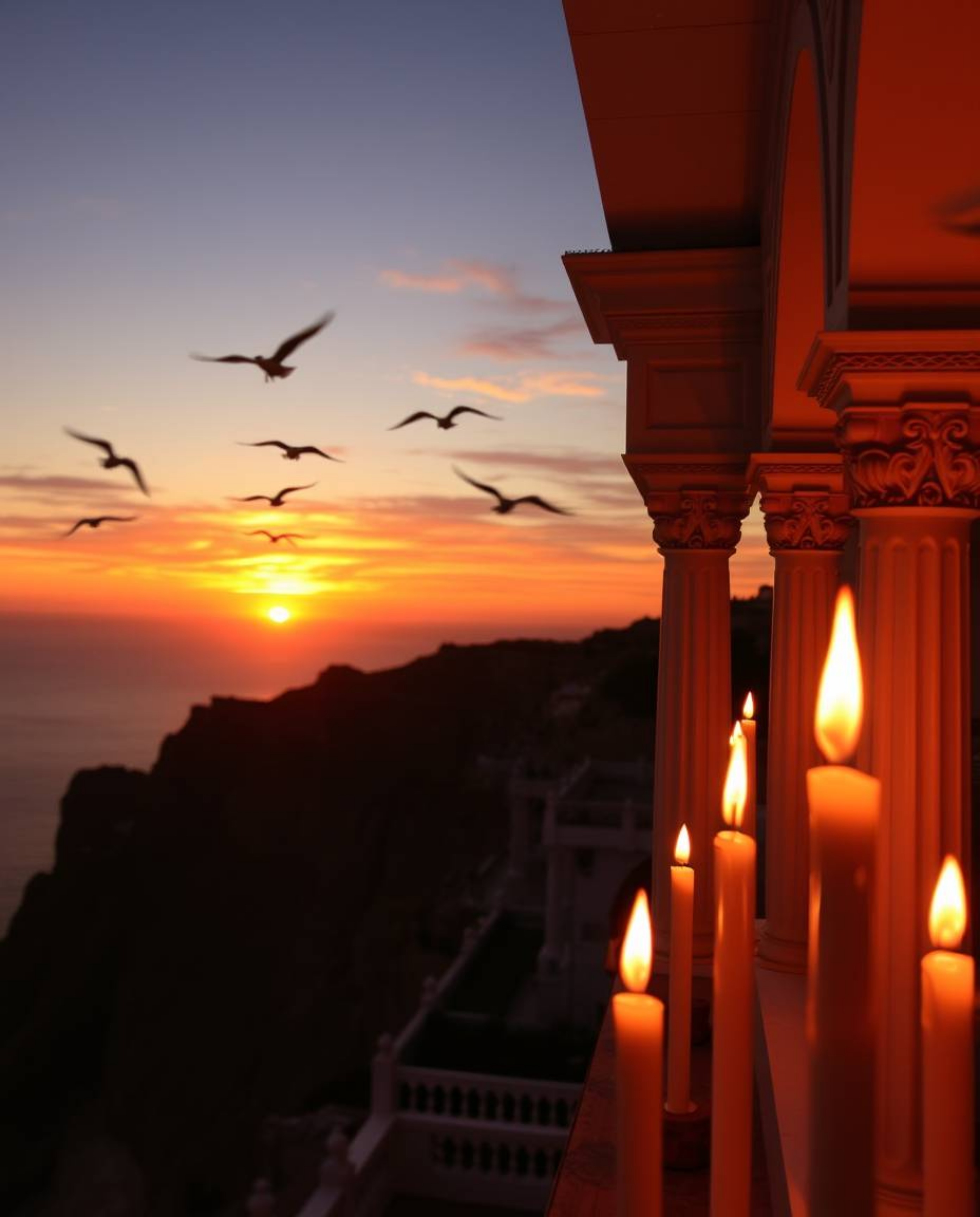 This is a color photograph of a sunset over a coastal cliff with soaring birds, uniquely illuminated by the warm glow of flic