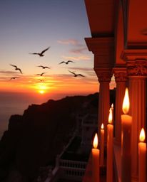 This is a color photograph of a sunset over a coastal cliff with soaring birds, uniquely illuminated by the warm glow of flic