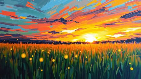 A bold acrylic painting captures a vibrant sunset over a peaceful meadow, where fireflies begin to emerge, creating a dynamic