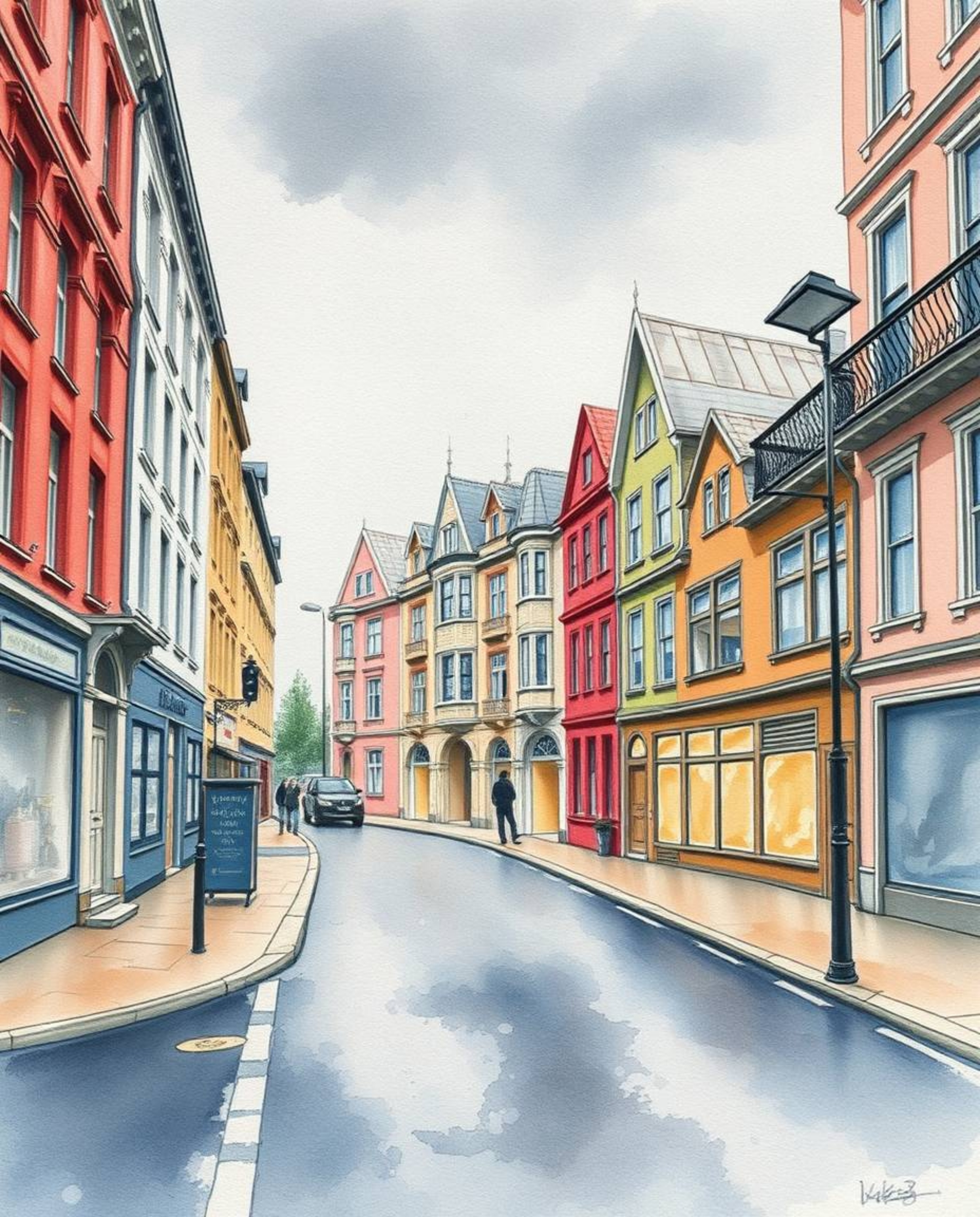 A captivating watercolor painting depicts a surreal street scene where buildings fold and twist dramatically under a stormy s