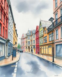 A captivating watercolor painting depicts a surreal street scene where buildings fold and twist dramatically under a stormy s
