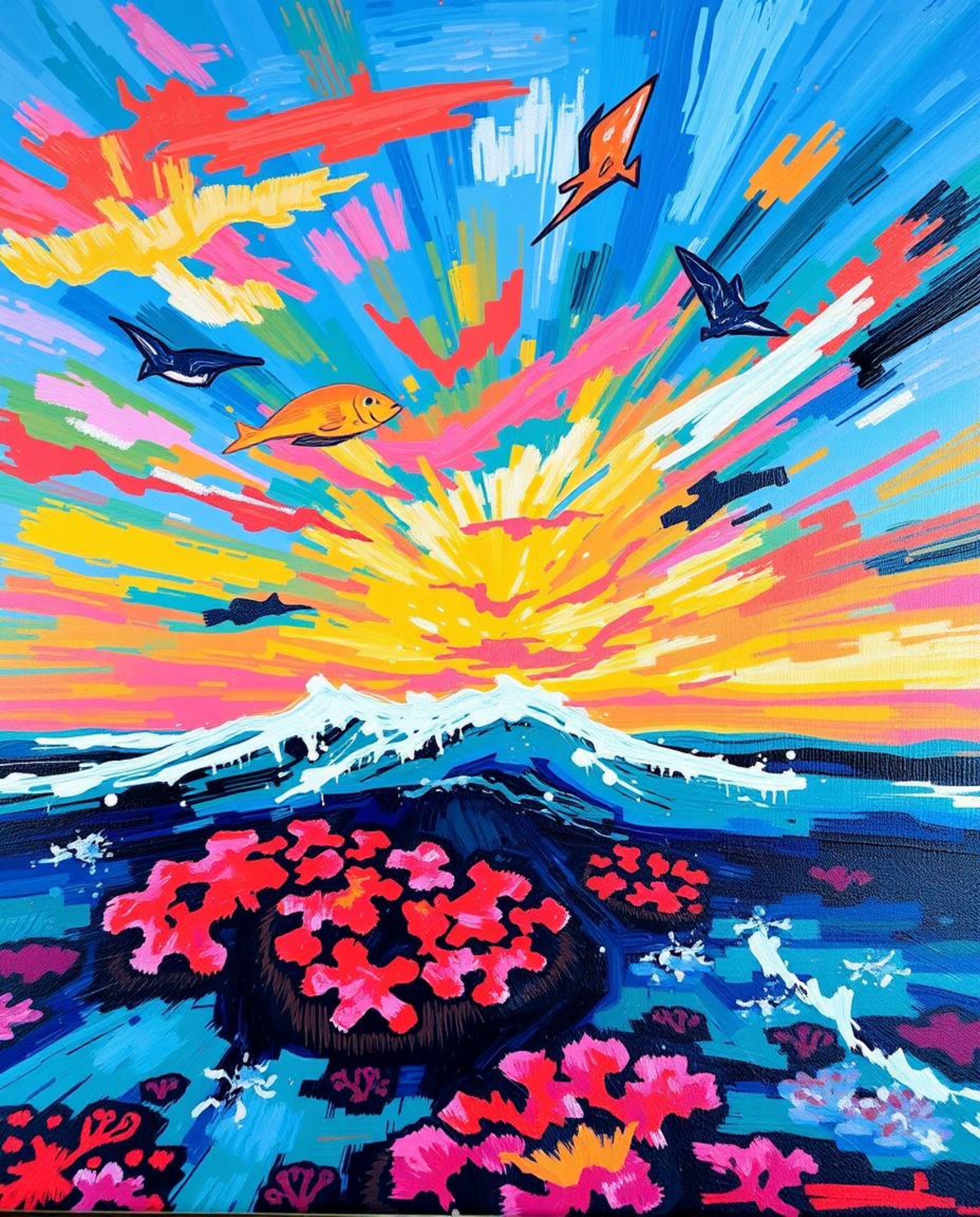 An energetic acrylic painting captures a vibrant, colorful sky over a coral reef at low tide. The artwork is characterized by