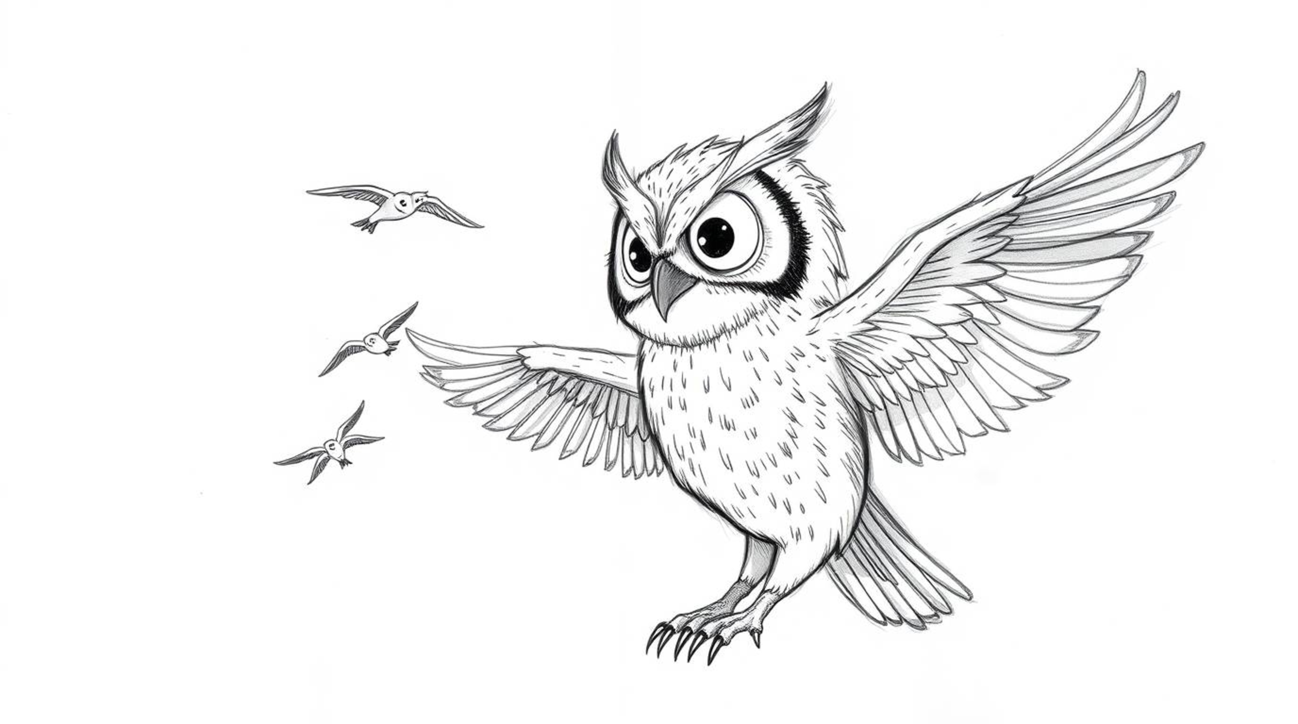 A heartwarming hand-drawn sketch in the style of Pixar depicts a blind owl, its feathers glowing softly in a sunbeam, patient