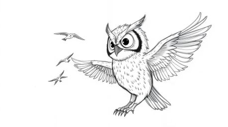 A heartwarming hand-drawn sketch in the style of Pixar depicts a blind owl, its feathers glowing softly in a sunbeam, patient
