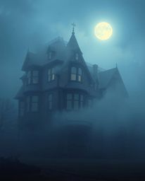 This gradient image depicts a fog-covered Victorian mansion bathed in soft moonlight. The smooth color transitions create a m