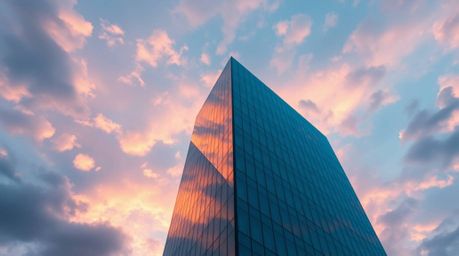 This image captures a modern glass building seamlessly blending into a vibrant sky filled with soft, cloud-like formations, r