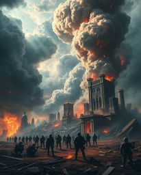 Experience a dramatic, intense battlefield where time-warped soldiers clash amidst crumbling, futuristic structures. This sce