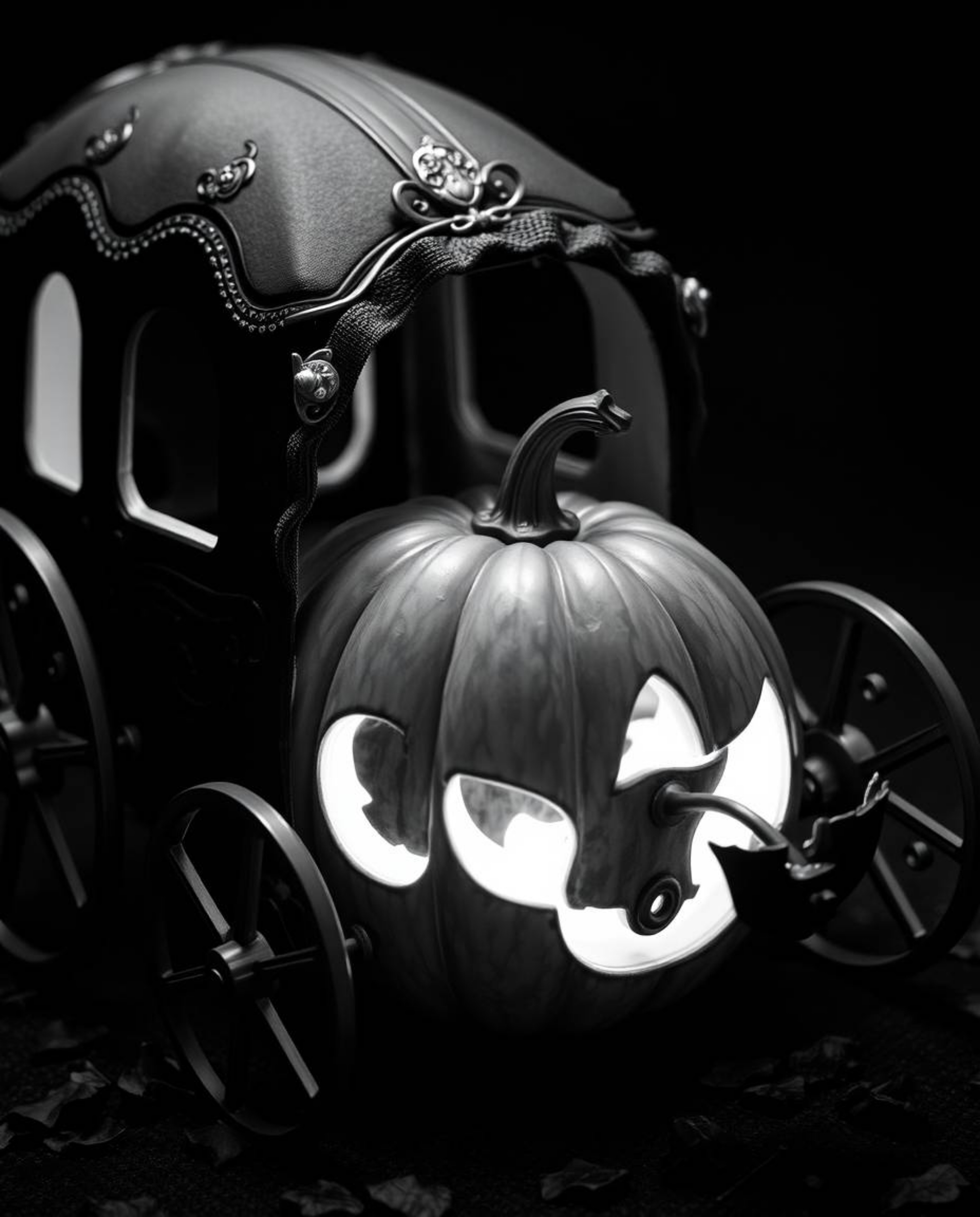 A timeless black and white photograph captures the enchanting moment of a pumpkin gracefully transforming into a carriage. Th