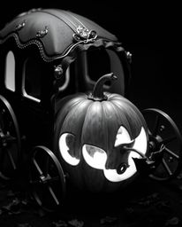 A timeless black and white photograph captures the enchanting moment of a pumpkin gracefully transforming into a carriage. Th