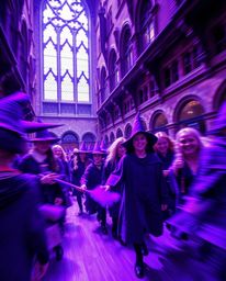 Immerse yourself in a dynamic motion image showcasing a magical school brimming with young wizards. Rendered in deep ultravio