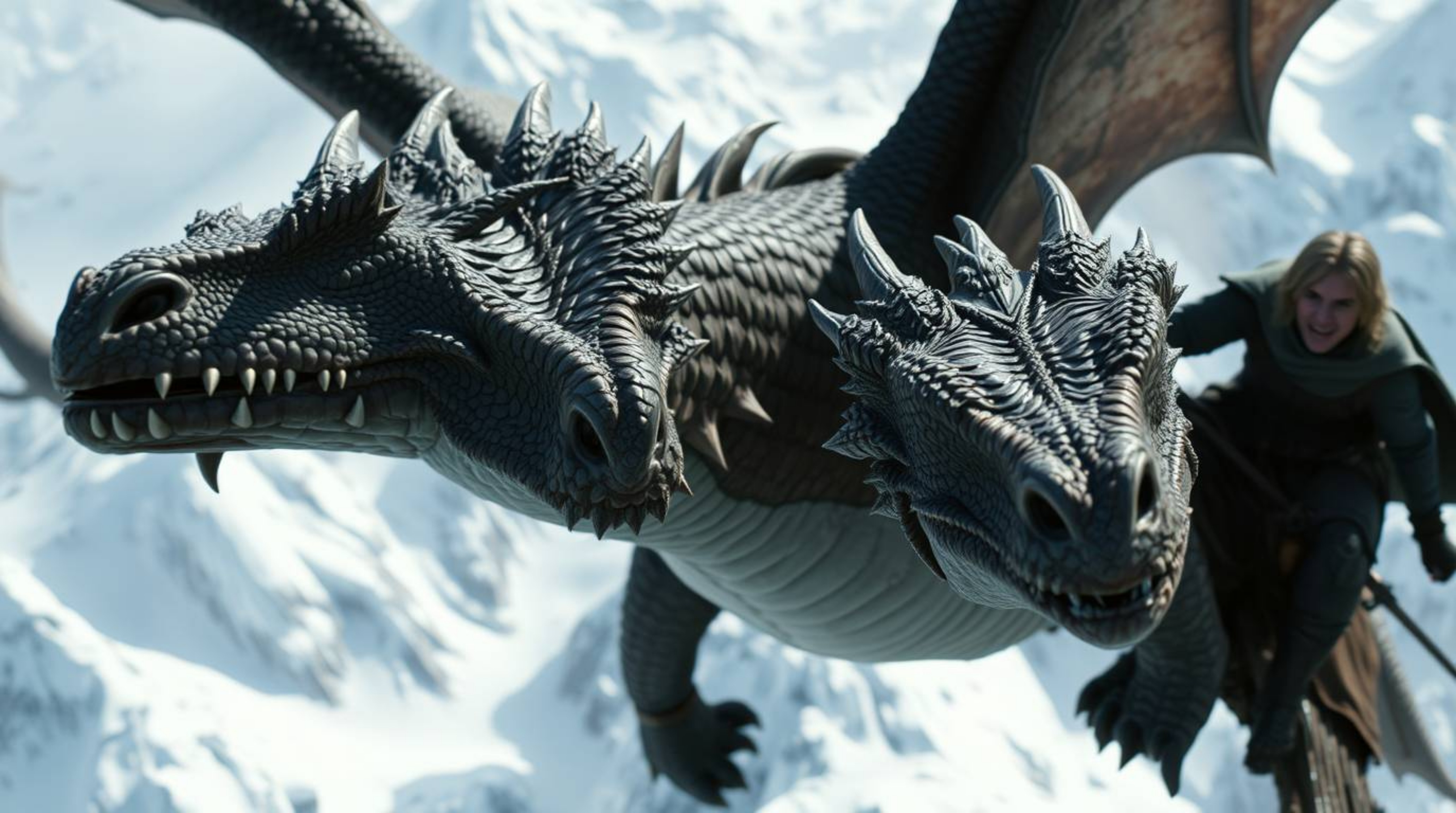Experience the thrill of flight with a close-up view of a dragon and its rider soaring above breathtaking icy mountains. This