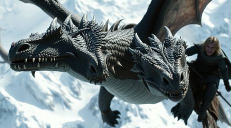 Experience the thrill of flight with a close-up view of a dragon and its rider soaring above breathtaking icy mountains. This