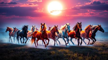 A captivating piece of light art showcases a herd of wild horses galloping beneath a radiant, glowing sky.  The artwork featu