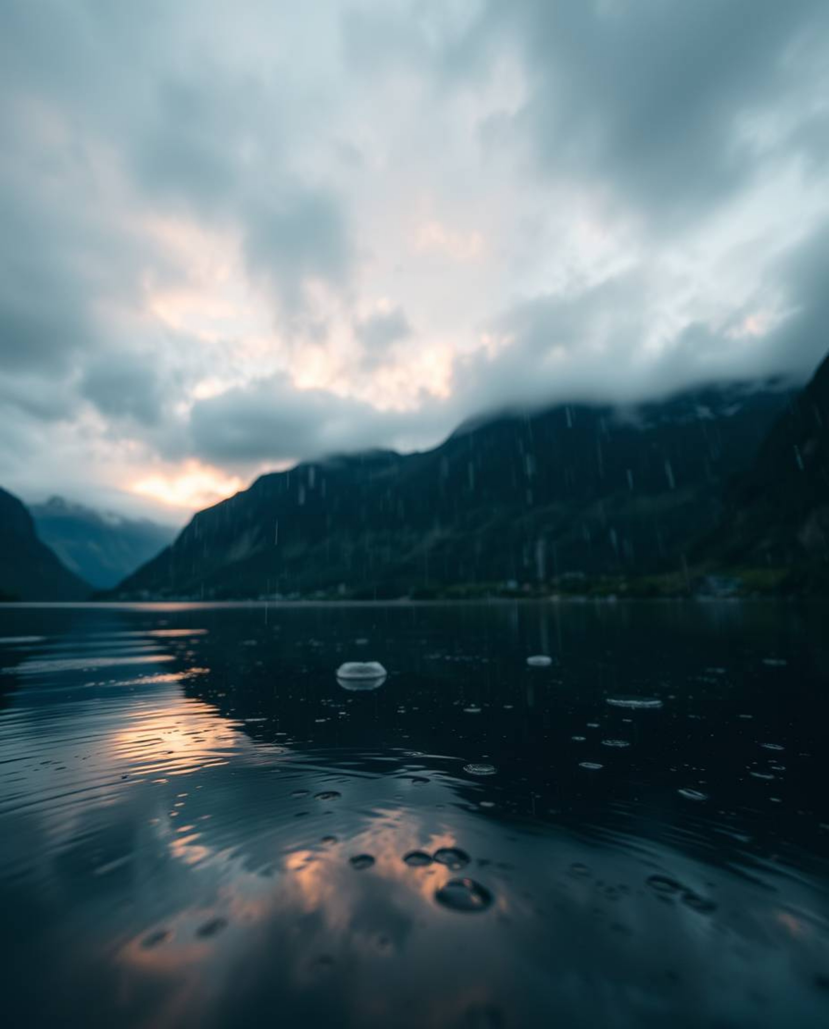 A striking photograph taken from a low-angle perspective of a glassy fjord reflecting a sunset in a wet, rainy scene. The ima